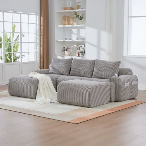 Canapé Modulable 3 Places Avec 2 Poufs, Porte-gobelet Et Poche Latérale, Velours Côtelé Gris Clair