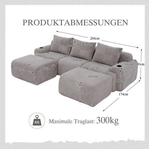 Canapé Modulable 3 Places Avec 2 Poufs, Porte-gobelet Et Poche Latérale, Velours Côtelé Gris Clair
