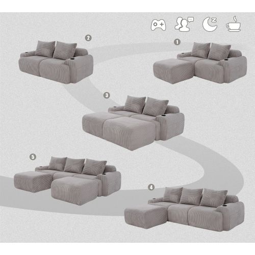 Canapé Modulable 3 Places Avec 2 Poufs, Porte-gobelet Et Poche Latérale, Velours Côtelé Gris Clair