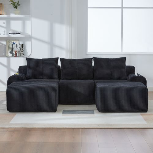 Canapé Modulable 3 Places Avec 2 Poufs, Porte-gobelet Et Poche Latérale, Velours Côtelé Noir