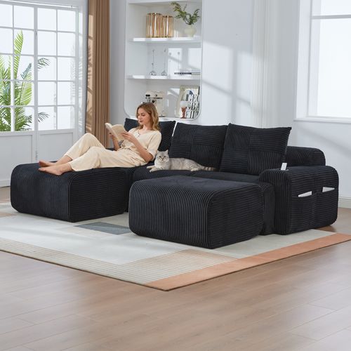 Canapé Modulable 3 Places Avec 2 Poufs, Porte-gobelet Et Poche Latérale, Velours Côtelé Noir