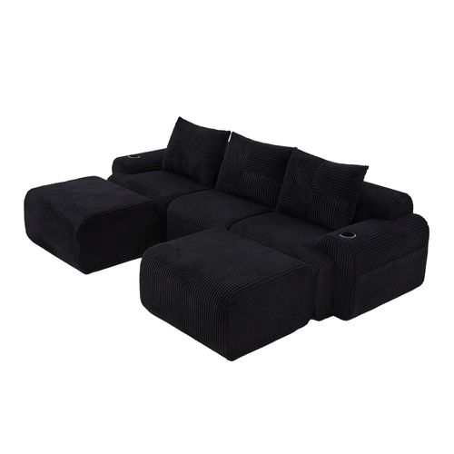 Canapé Modulable 3 Places Avec 2 Poufs, Porte-gobelet Et Poche Latérale, Velours Côtelé Noir