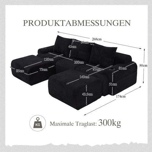 Canapé Modulable 3 Places Avec 2 Poufs, Porte-gobelet Et Poche Latérale, Velours Côtelé Noir