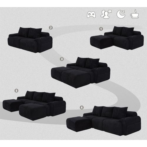 Canapé Modulable 3 Places Avec 2 Poufs, Porte-gobelet Et Poche Latérale, Velours Côtelé Noir