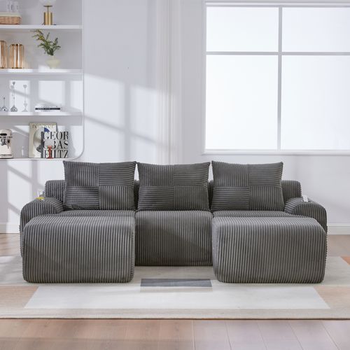 Canapé Modulable 3 Places Avec 2 Poufs, Porte-gobelet Et Poche Latérale, Velours Côtelé Gris Foncé