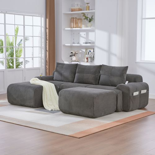 Canapé Modulable 3 Places Avec 2 Poufs, Porte-gobelet Et Poche Latérale, Velours Côtelé Gris Foncé