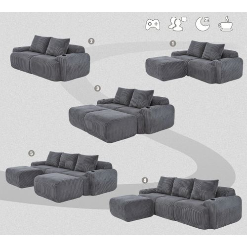 Canapé Modulable 3 Places Avec 2 Poufs, Porte-gobelet Et Poche Latérale, Velours Côtelé Gris Foncé
