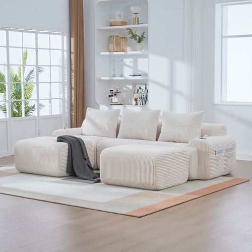 Canapé Modulable 3 Places Avec 2 Poufs, Porte-gobelet Et Poche Latérale, Velours Côtelé Beige