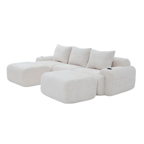 Canapé Modulable 3 Places Avec 2 Poufs, Porte-gobelet Et Poche Latérale, Velours Côtelé Beige