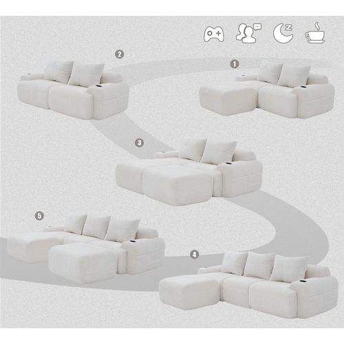 Canapé Modulable 3 Places Avec 2 Poufs, Porte-gobelet Et Poche Latérale, Velours Côtelé Beige