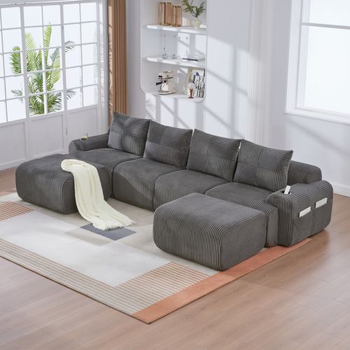 Canapé Modulable 4 Places Avec 2 Poufs, Porte-gobelet Et Poche Latérale, Velours Côtelé Gris Foncé