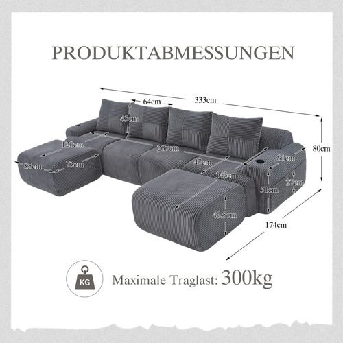 Canapé Modulable 4 Places Avec 2 Poufs, Porte-gobelet Et Poche Latérale, Velours Côtelé Gris Foncé