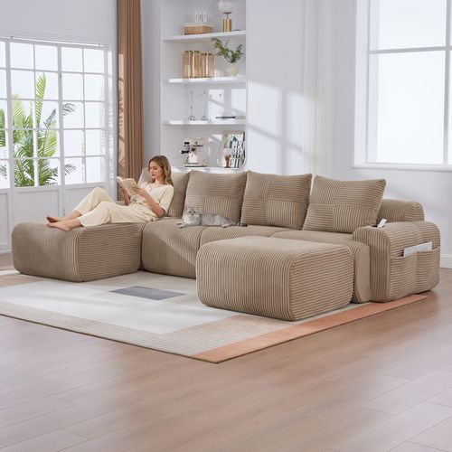 Canapé Modulable 4 Places Avec 2 Poufs, Porte-gobelet Et Poche Latérale, Velours Côtelé Kaki