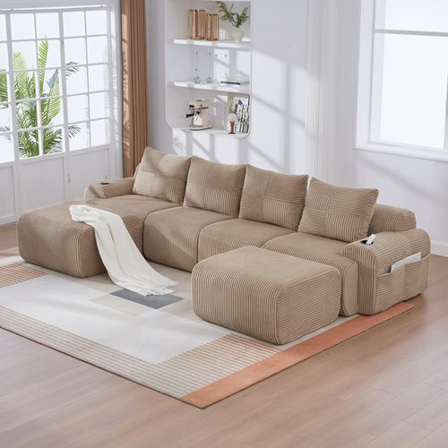 Canapé Modulable 4 Places Avec 2 Poufs, Porte-gobelet Et Poche Latérale, Velours Côtelé Kaki