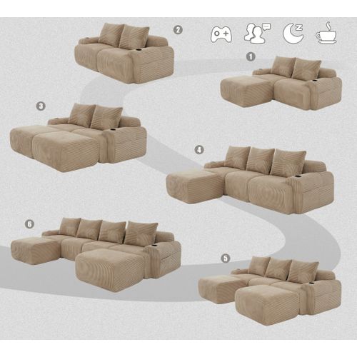 Canapé Modulable 4 Places Avec 2 Poufs, Porte-gobelet Et Poche Latérale, Velours Côtelé Kaki