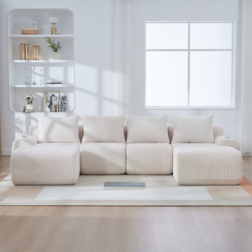Canapé Modulable 4 Places Avec 2 Poufs, Porte-gobelet Et Poche Latérale, Velours Côtelé Beige