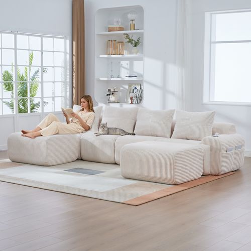 Canapé Modulable 4 Places Avec 2 Poufs, Porte-gobelet Et Poche Latérale, Velours Côtelé Beige
