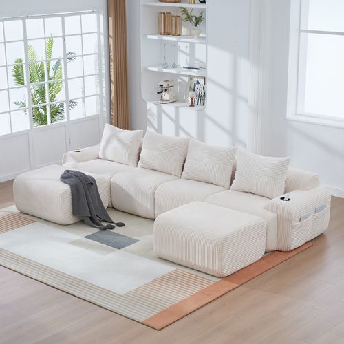 Canapé Modulable 4 Places Avec 2 Poufs, Porte-gobelet Et Poche Latérale, Velours Côtelé Beige