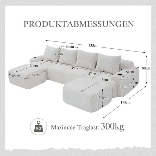 Canapé Modulable 4 Places Avec 2 Poufs, Porte-gobelet Et Poche Latérale, Velours Côtelé Beige