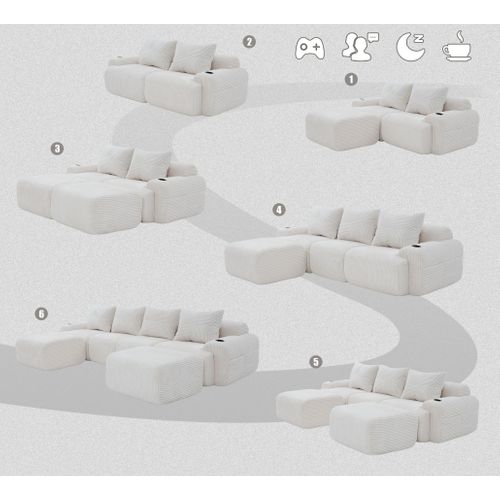 Canapé Modulable 4 Places Avec 2 Poufs, Porte-gobelet Et Poche Latérale, Velours Côtelé Beige