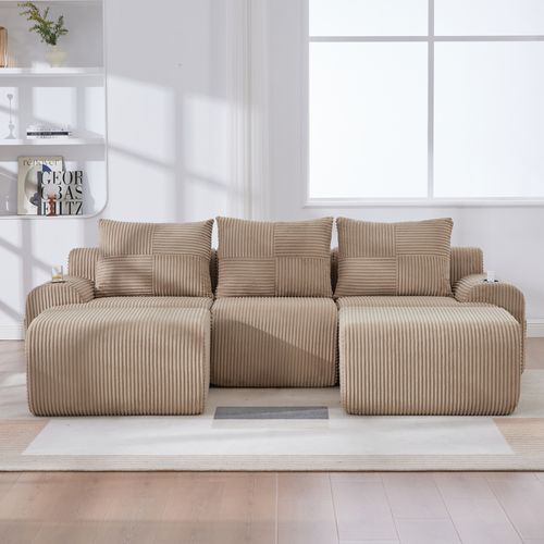 Canapé Modulable 3 Places Avec 2 Poufs, Porte-gobelet Et Poche Latérale, Velours Côtelé Kaki