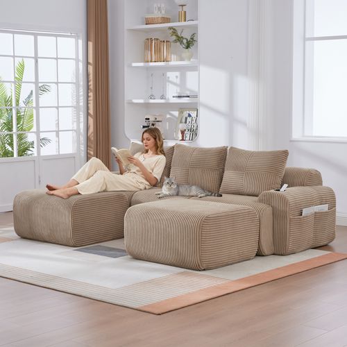 Canapé Modulable 3 Places Avec 2 Poufs, Porte-gobelet Et Poche Latérale, Velours Côtelé Kaki