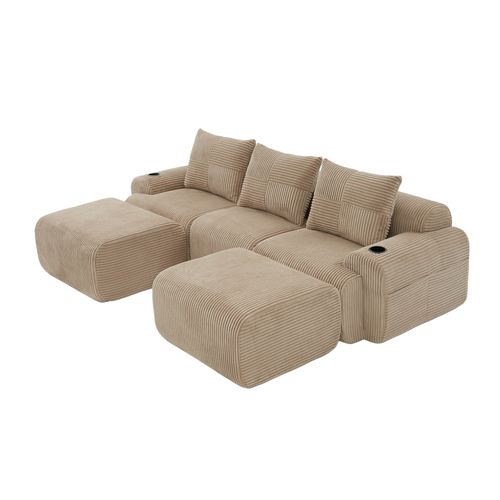 Canapé Modulable 3 Places Avec 2 Poufs, Porte-gobelet Et Poche Latérale, Velours Côtelé Kaki