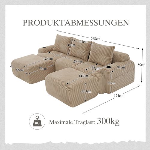 Canapé Modulable 3 Places Avec 2 Poufs, Porte-gobelet Et Poche Latérale, Velours Côtelé Kaki