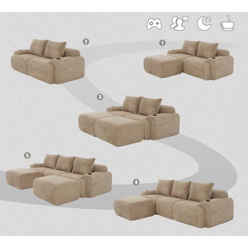 Canapé Modulable 3 Places Avec 2 Poufs, Porte-gobelet Et Poche Latérale, Velours Côtelé Kaki