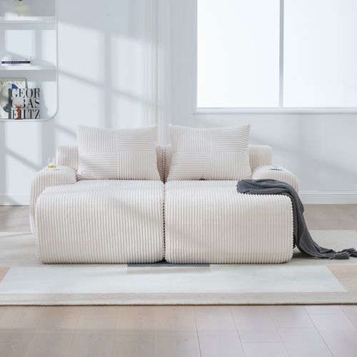 Canapé Modulable 2 Places Avec 2 Poufs, Porte-gobelet Et Poche Latérale, Velours Côtelé Beige