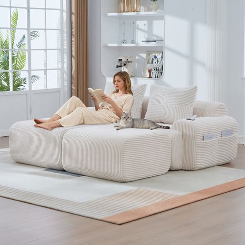 Canapé Modulable 2 Places Avec 2 Poufs, Porte-gobelet Et Poche Latérale, Velours Côtelé Beige