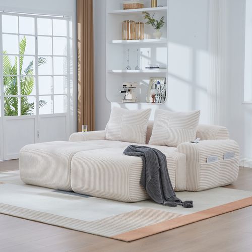 Canapé Modulable 2 Places Avec 2 Poufs, Porte-gobelet Et Poche Latérale, Velours Côtelé Beige