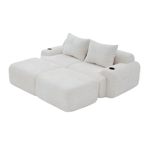 Canapé Modulable 2 Places Avec 2 Poufs, Porte-gobelet Et Poche Latérale, Velours Côtelé Beige