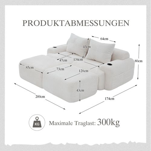Canapé Modulable 2 Places Avec 2 Poufs, Porte-gobelet Et Poche Latérale, Velours Côtelé Beige