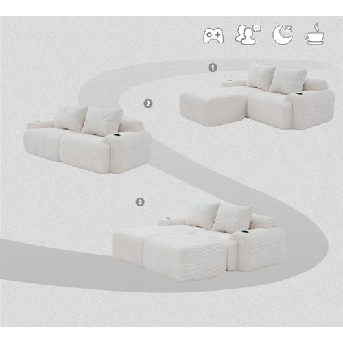 Canapé Modulable 2 Places Avec 2 Poufs, Porte-gobelet Et Poche Latérale, Velours Côtelé Beige