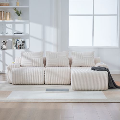 Canapé Modulable 3 Places Avec Pouf, Porte-gobelet Et Poche Latérale, Velours Côtelé Beige