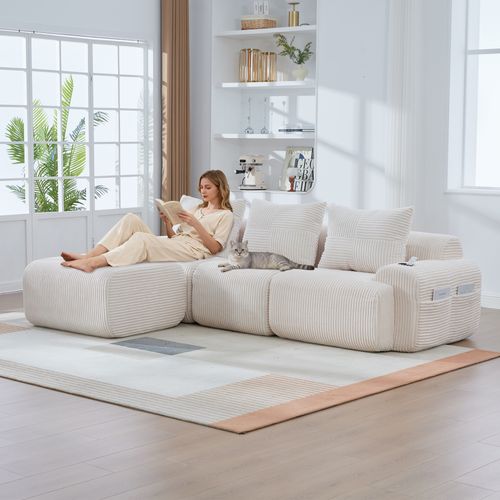 Canapé Modulable 3 Places Avec Pouf, Porte-gobelet Et Poche Latérale, Velours Côtelé Beige