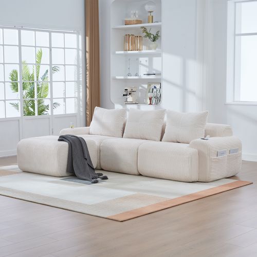 Canapé Modulable 3 Places Avec Pouf, Porte-gobelet Et Poche Latérale, Velours Côtelé Beige