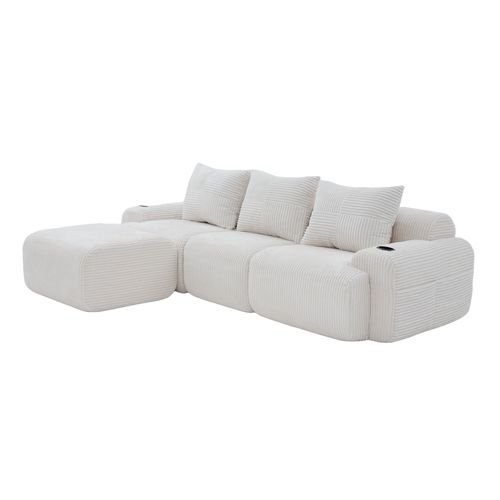 Canapé Modulable 3 Places Avec Pouf, Porte-gobelet Et Poche Latérale, Velours Côtelé Beige