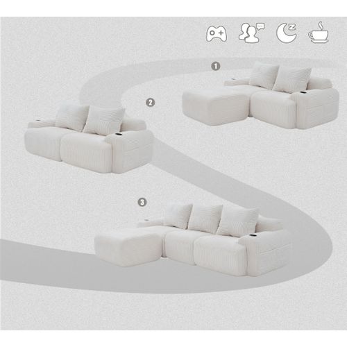 Canapé Modulable 3 Places Avec Pouf, Porte-gobelet Et Poche Latérale, Velours Côtelé Beige