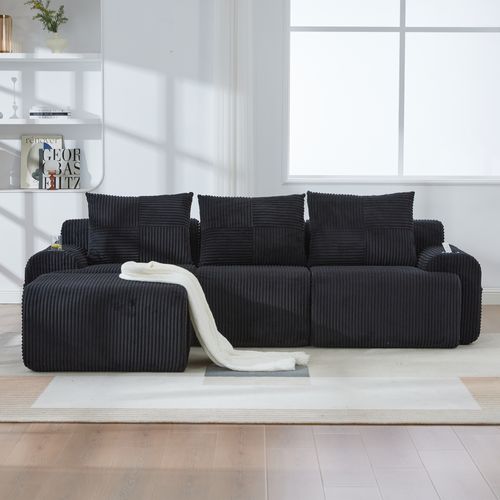 Canapé Modulable 3 Places Avec Pouf, Porte-gobelet Et Poche Latérale, Velours Côtelé Noir
