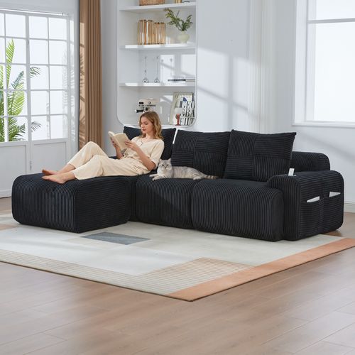 Canapé Modulable 3 Places Avec Pouf, Porte-gobelet Et Poche Latérale, Velours Côtelé Noir