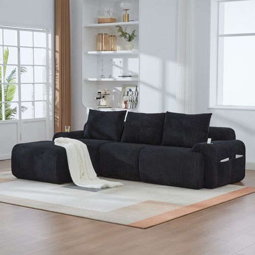 Canapé Modulable 3 Places Avec Pouf, Porte-gobelet Et Poche Latérale, Velours Côtelé Noir