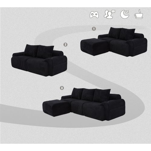 Canapé Modulable 3 Places Avec Pouf, Porte-gobelet Et Poche Latérale, Velours Côtelé Noir