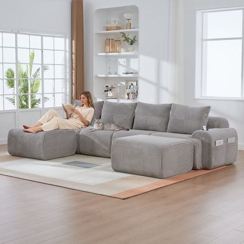 Canapé Modulable 4 Places Avec 2 Poufs, Porte-gobelet Et Poche Latérale, Velours Côtelé Gris Clair