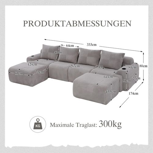 Canapé Modulable 4 Places Avec 2 Poufs, Porte-gobelet Et Poche Latérale, Velours Côtelé Gris Clair