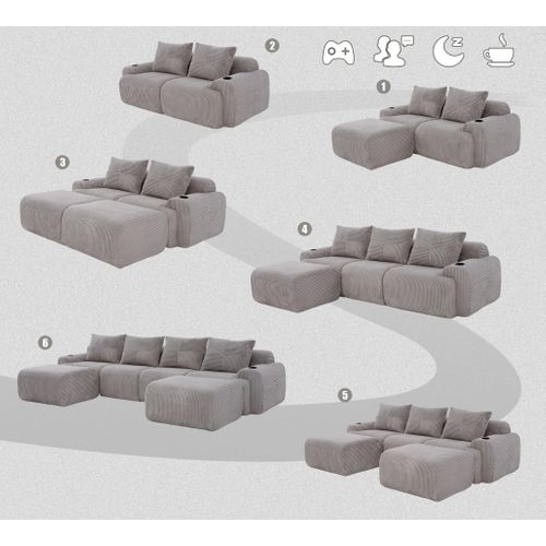 Canapé Modulable 4 Places Avec 2 Poufs, Porte-gobelet Et Poche Latérale, Velours Côtelé Gris Clair