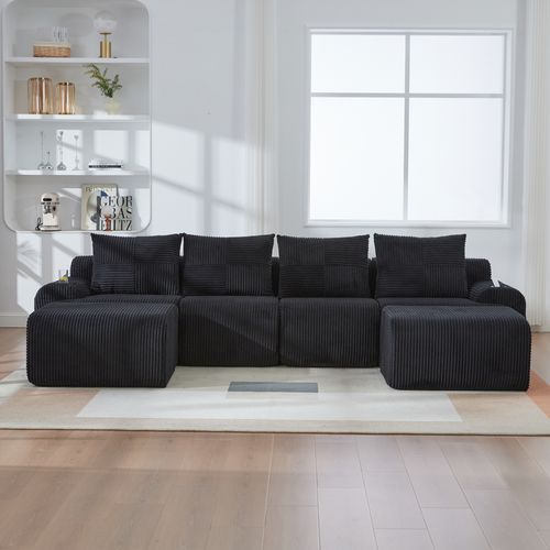 Canapé Modulable 4 Places Avec 2 Poufs, Porte-gobelet Et Poche Latérale, Velours Côtelé Noir