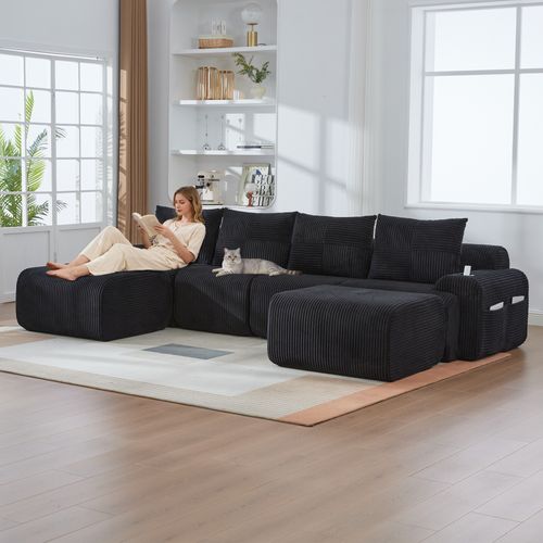 Canapé Modulable 4 Places Avec 2 Poufs, Porte-gobelet Et Poche Latérale, Velours Côtelé Noir
