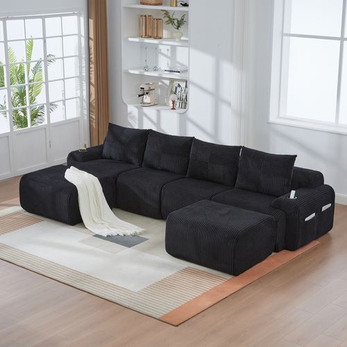 Canapé Modulable 4 Places Avec 2 Poufs, Porte-gobelet Et Poche Latérale, Velours Côtelé Noir